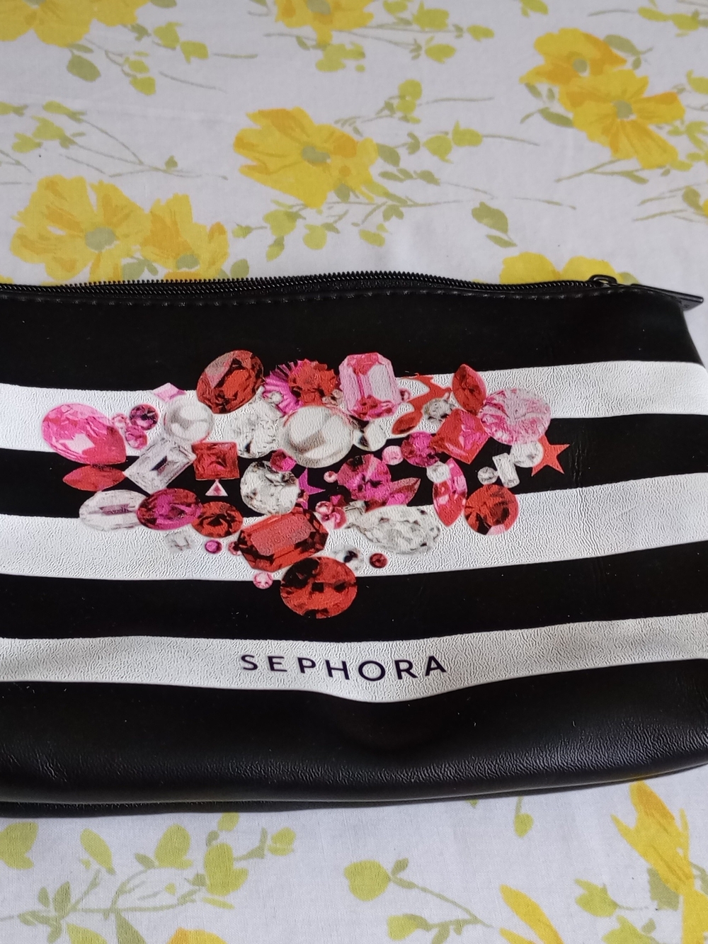 Sephora Black & White Striped Cosmetic Pouch with Pink and Red Gem Motif